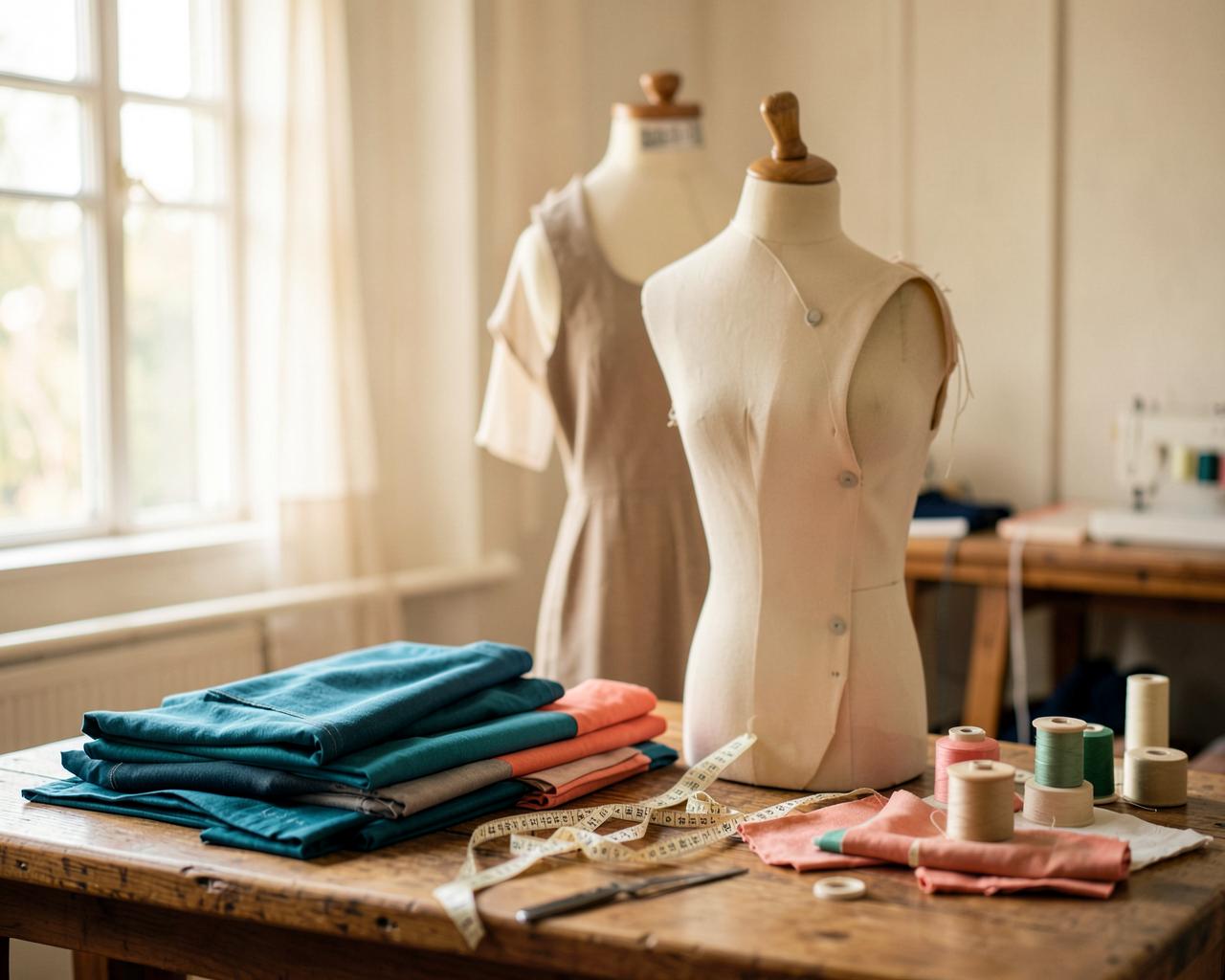 A warm sewing studio with dress forms, folded fabric, and a measuring tape